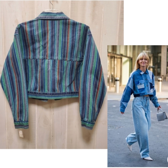 Vintage Denim Crop Striped Jacket Panels Button Down NWT Size L - Picture 1 of 16